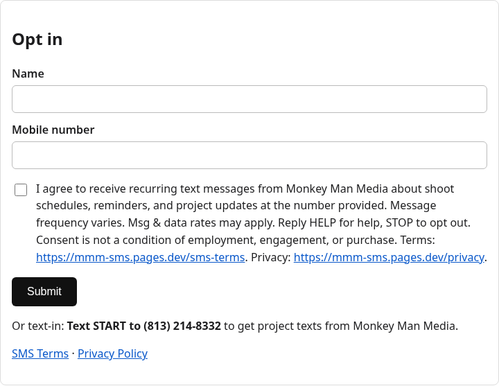 Screenshot of Monkey Man Media SMS consent form